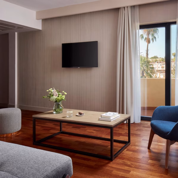 NH_Luz_Huelva_Room_Junior_Suite_Living_Room_Terrace_Natural_Light_Flowers_Sofa_TV