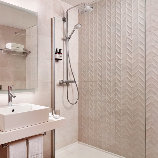 NH_Luz_Huelva_Room_Standard_Bathroom_Shower_Mirror_Flowers_Amenities_Towels